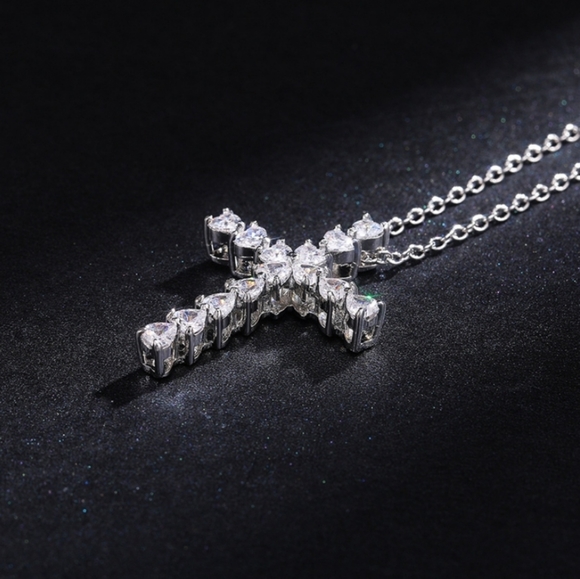 CZ Cross Pendant Silver Necklace - Picture 3 of 5